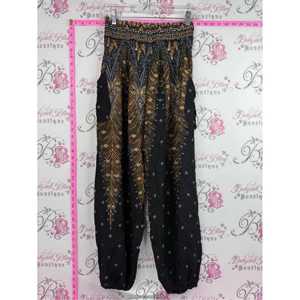 Thailand pants classic pockets stretch Boho Black & Gold Printed Harem Pants